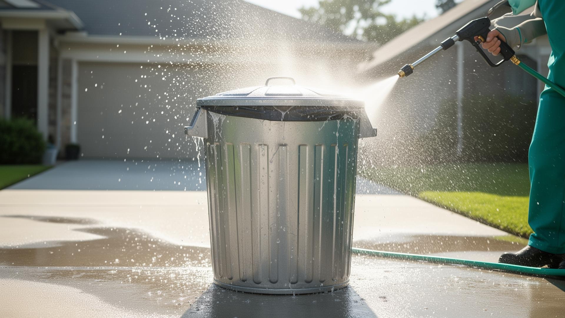 Pressure washing a trash can
